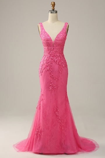 Mermaid Deep V Neck Hot Pink Long Ball Dress with Open Back